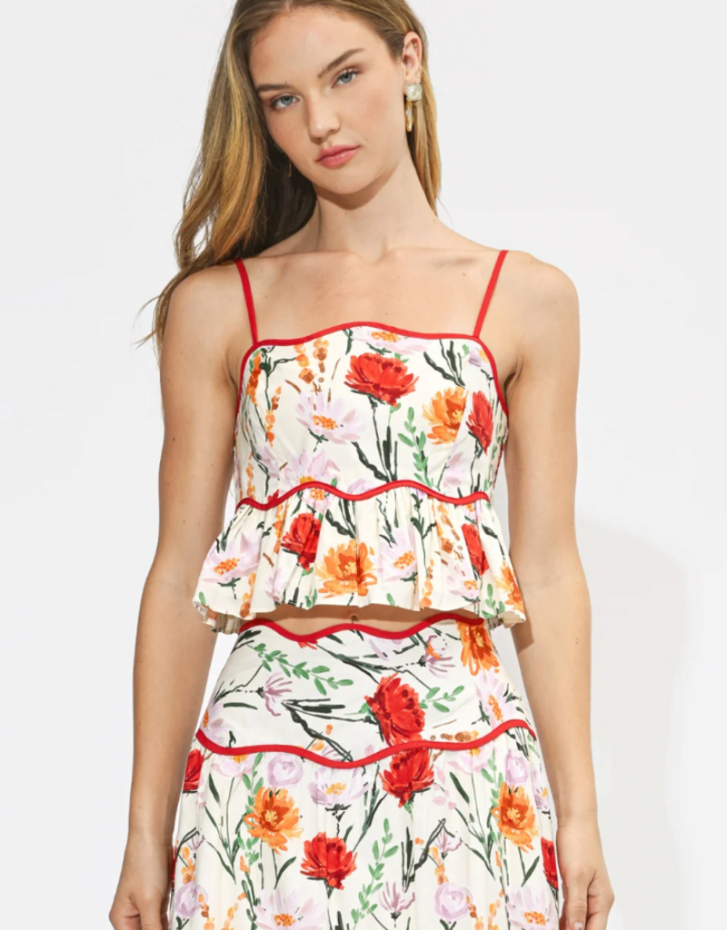Adelyn Rae Ember Floral Print Peplum Top in Ivory Multi Floral