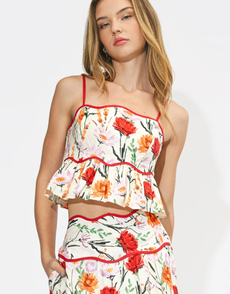 Adelyn Rae Ember Floral Print Peplum Top in Ivory Multi Floral