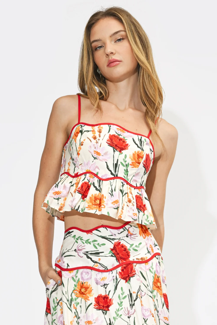 Ember Floral Print Peplum Top in Ivory Multi Floral - Adorn Boutique