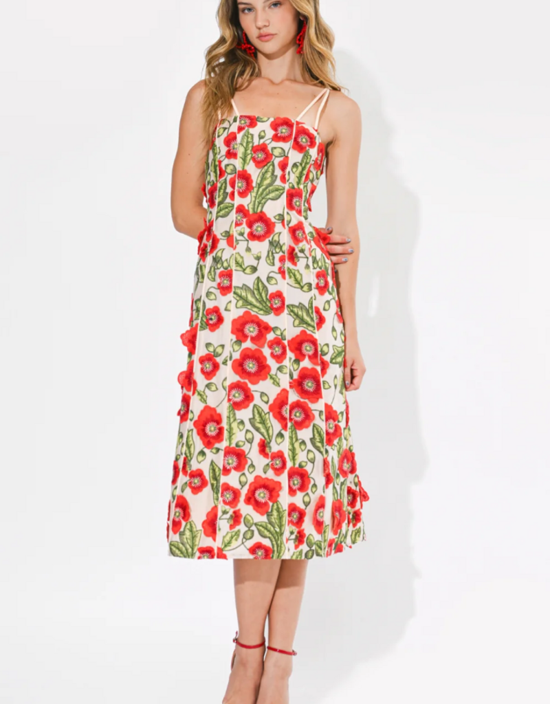 Adelyn Rae Ivy 3D Floral Midi Dress in Red Multi Floral