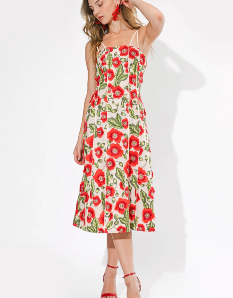 Adelyn Rae Ivy 3D Floral Midi Dress in Red Multi Floral