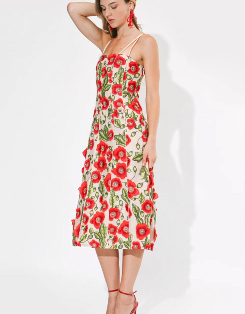 Adelyn Rae Ivy 3D Floral Midi Dress in Red Multi Floral