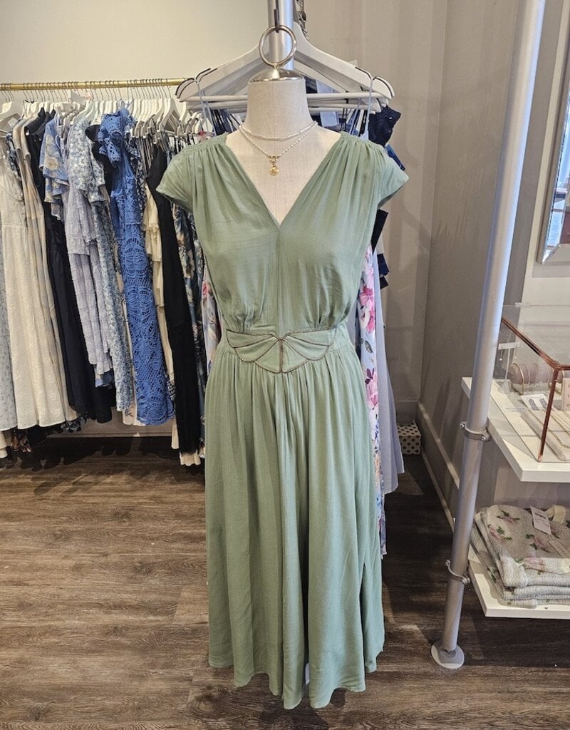 Louizon Kandy Cap Sleeve Maxi Dress with Embroidered Belt Detail