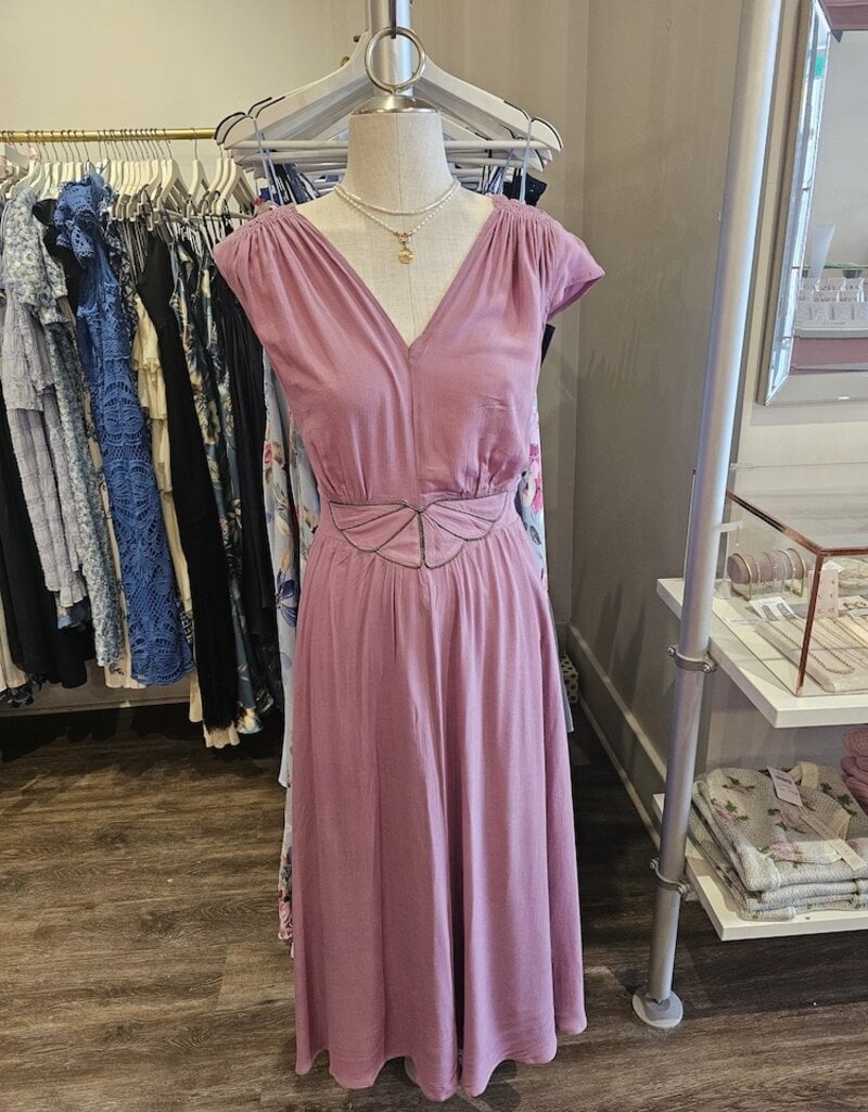 Louizon Kandy Cap Sleeve Maxi Dress with Embroidered Belt Detail