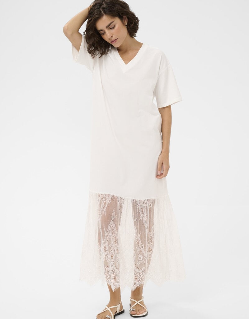 Kaffe Andrea Tee Dress with Lace Skirt in Chalk White