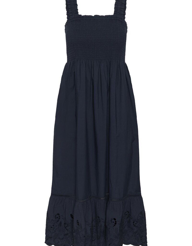 Kaffe Gertrud 100% Cotton Shirred Bodice Dress in Midnight Marine
