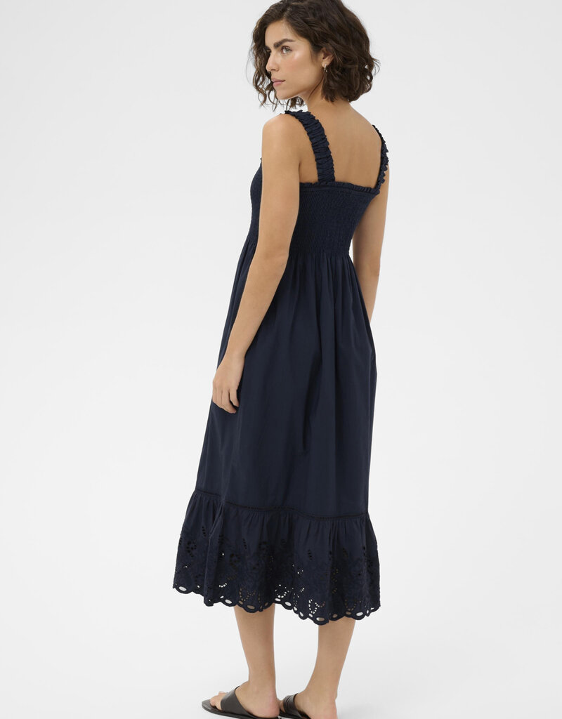 Kaffe Gertrud 100% Cotton Shirred Bodice Dress in Midnight Marine