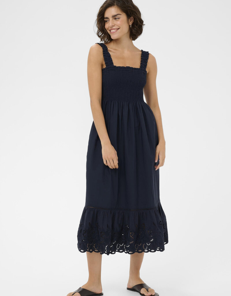 Kaffe Gertrud 100% Cotton Shirred Bodice Dress in Midnight Marine