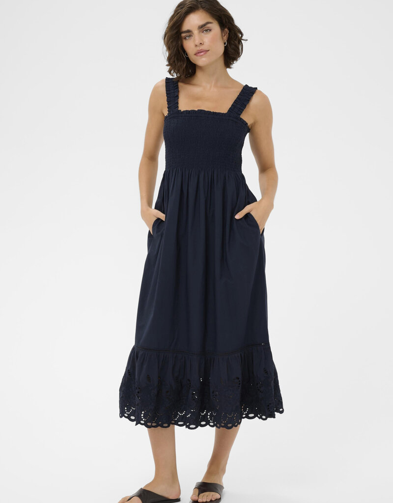 Kaffe Gertrud 100% Cotton Shirred Bodice Dress in Midnight Marine