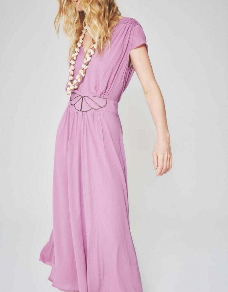 Louizon Kandy Cap Sleeve Maxi Dress with Embroidered Belt Detail