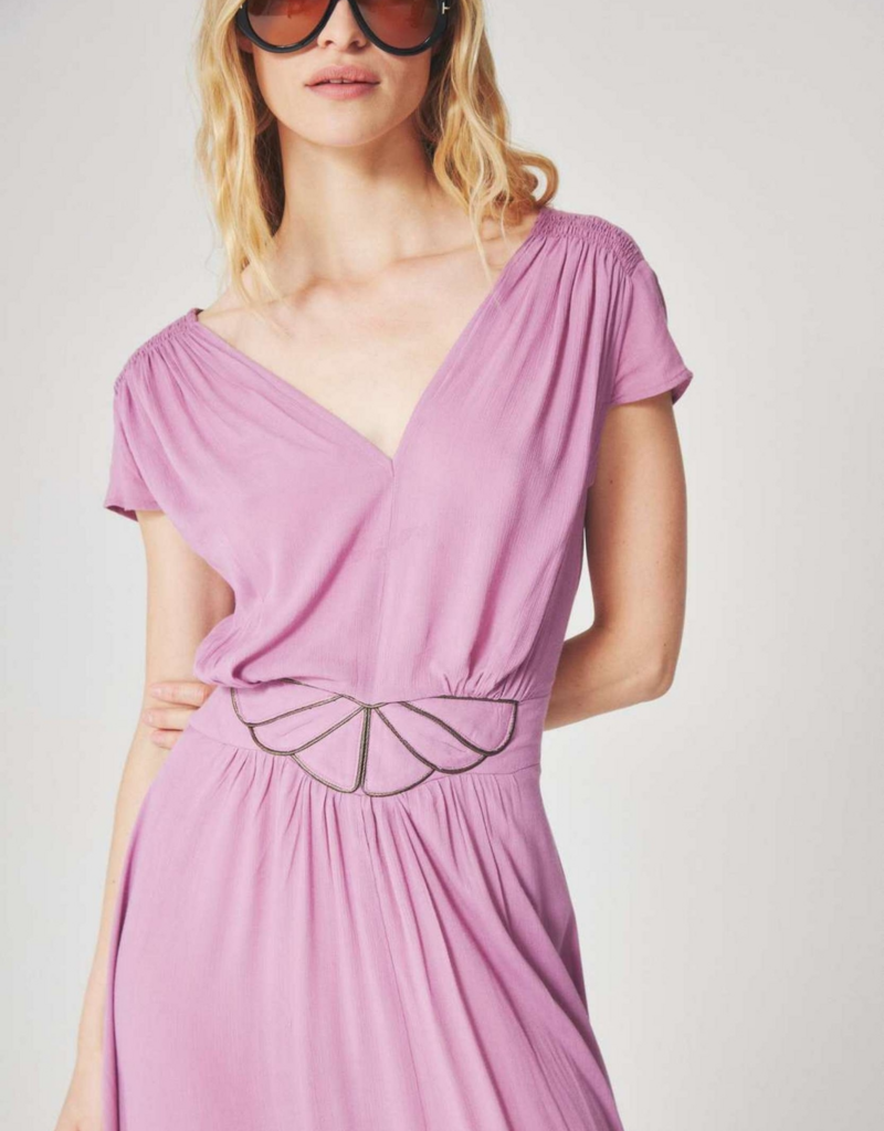 Louizon Kandy Cap Sleeve Maxi Dress with Embroidered Belt Detail
