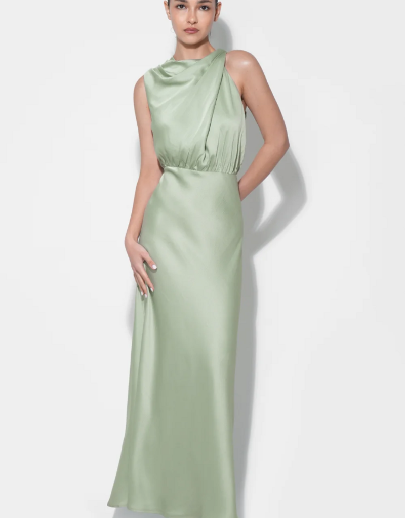 Adelyn Rae Kate Cowl Drape Asymmetrical Maxi Dress in Sage