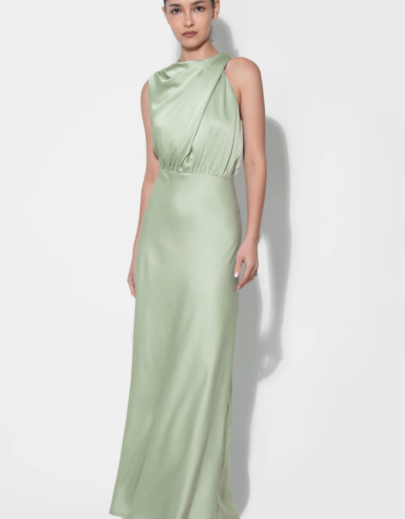 Adelyn Rae Kate Cowl Drape Asymmetrical Maxi Dress in Sage