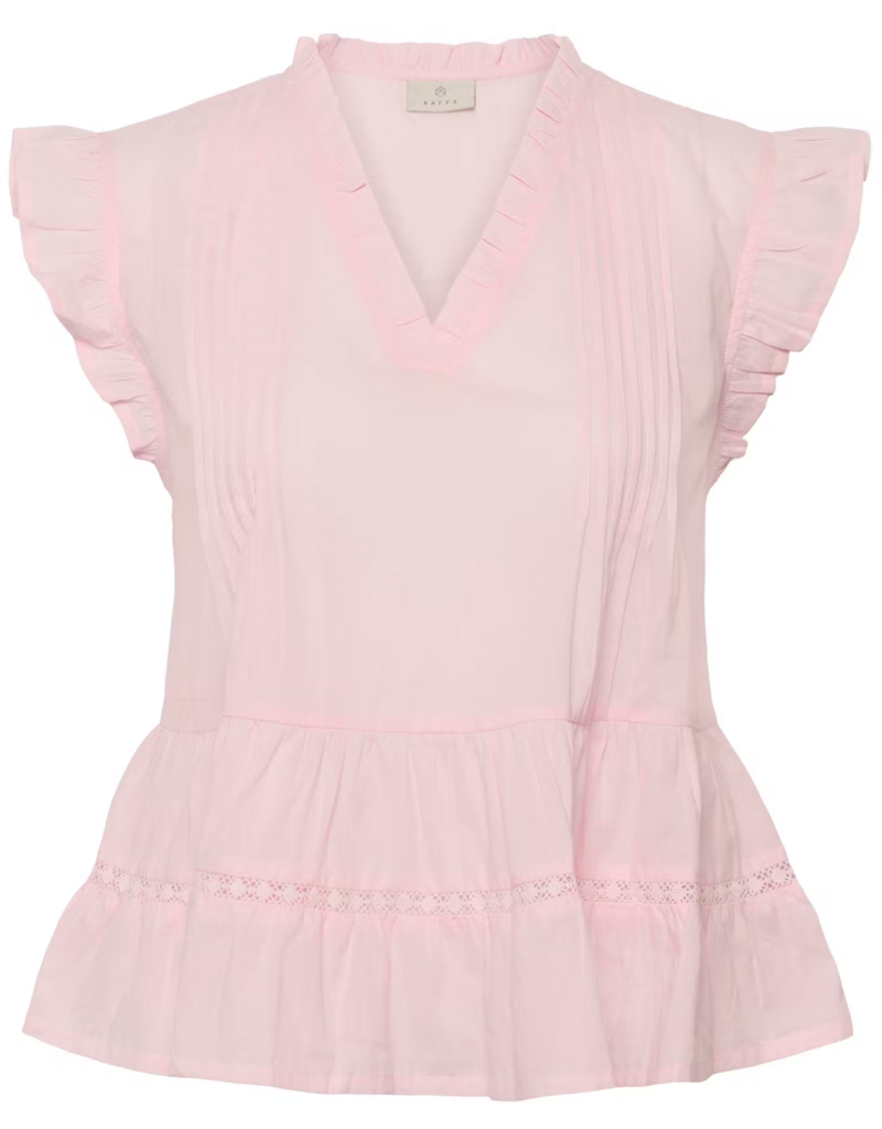 Kaffe Valerie 100% Cotton Ruffle Sleeve Top in Ballerina Pink