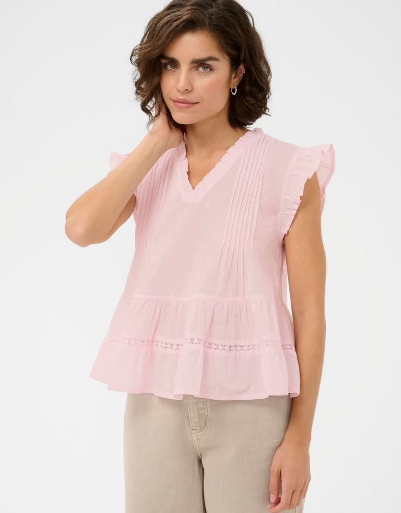 Kaffe Valerie 100% Cotton Ruffle Sleeve Top in Ballerina Pink