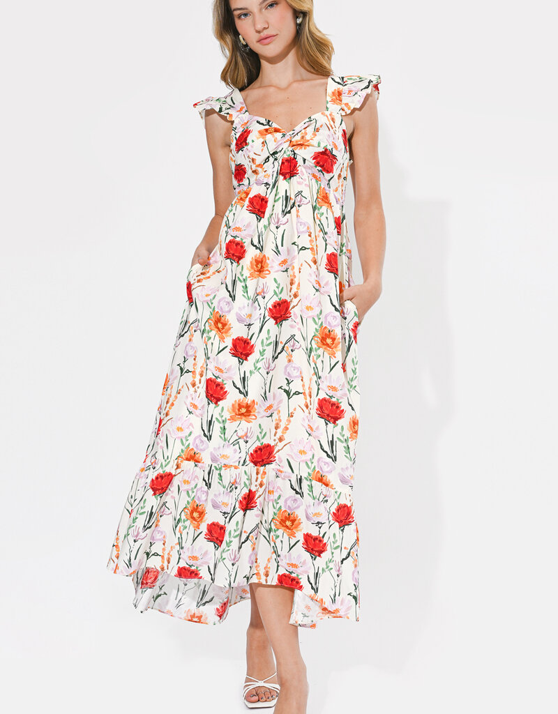 Adelyn Rae Neriah Twist Front Hi-Low Midi Dress in Ivory Multi Floral
