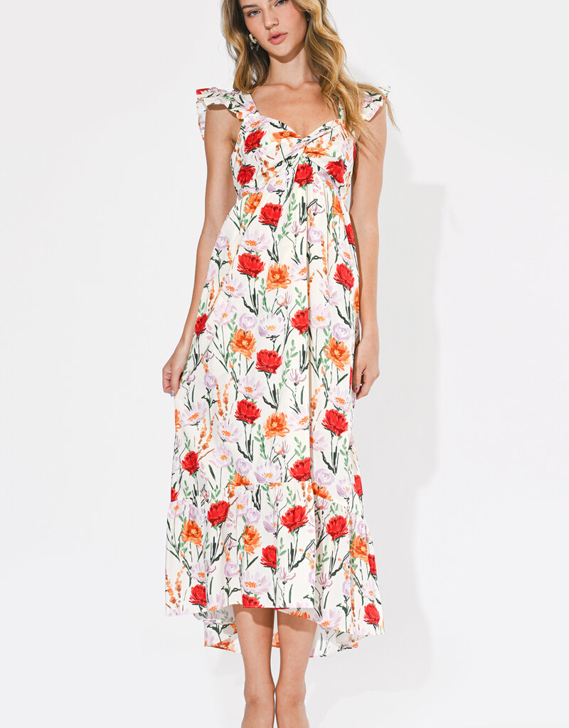 Adelyn Rae Neriah Twist Front Hi-Low Midi Dress in Ivory Multi Floral
