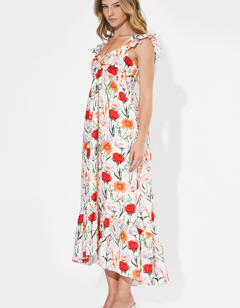 Adelyn Rae Neriah Twist Front Hi-Low Midi Dress in Ivory Multi Floral