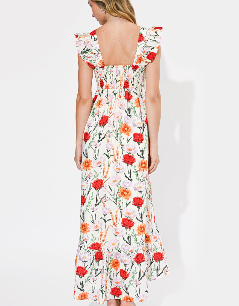 Adelyn Rae Neriah Twist Front Hi-Low Midi Dress in Ivory Multi Floral