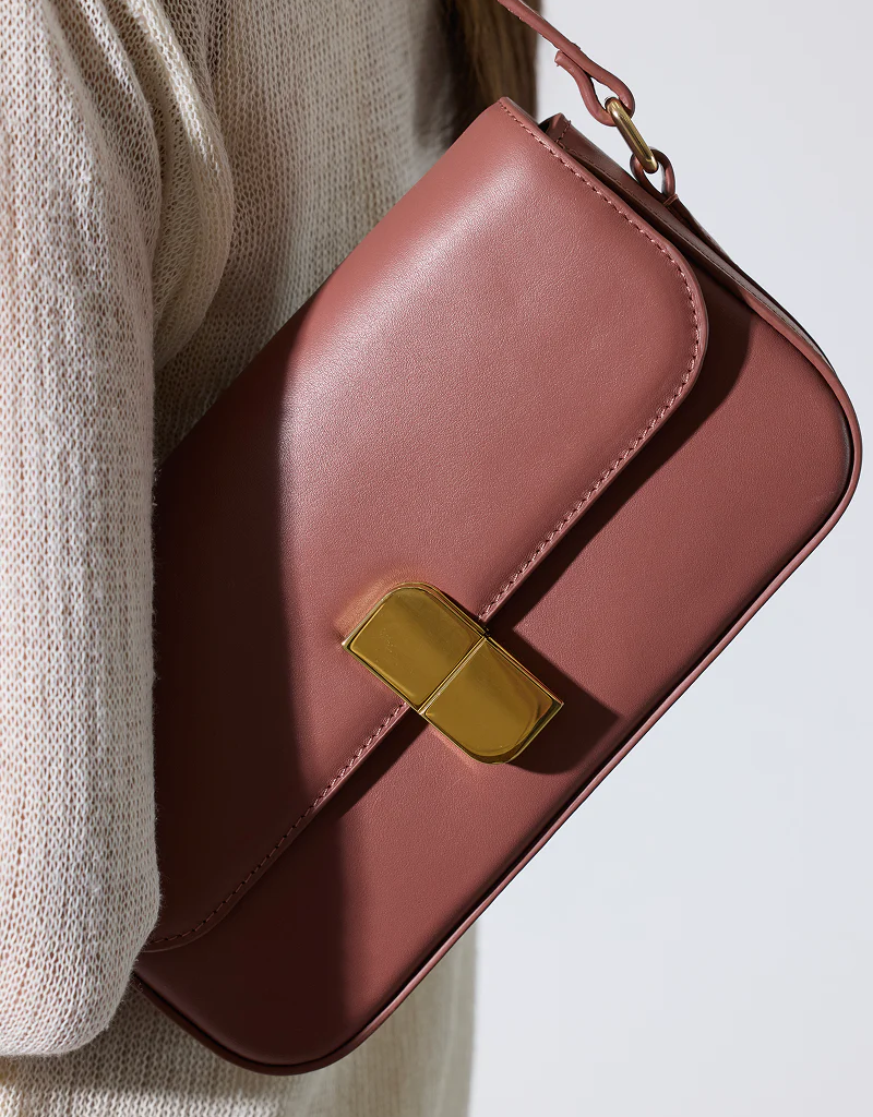 Nat And Nin Alice Medium Structured Turn Lock Bag in Rosewood Leather