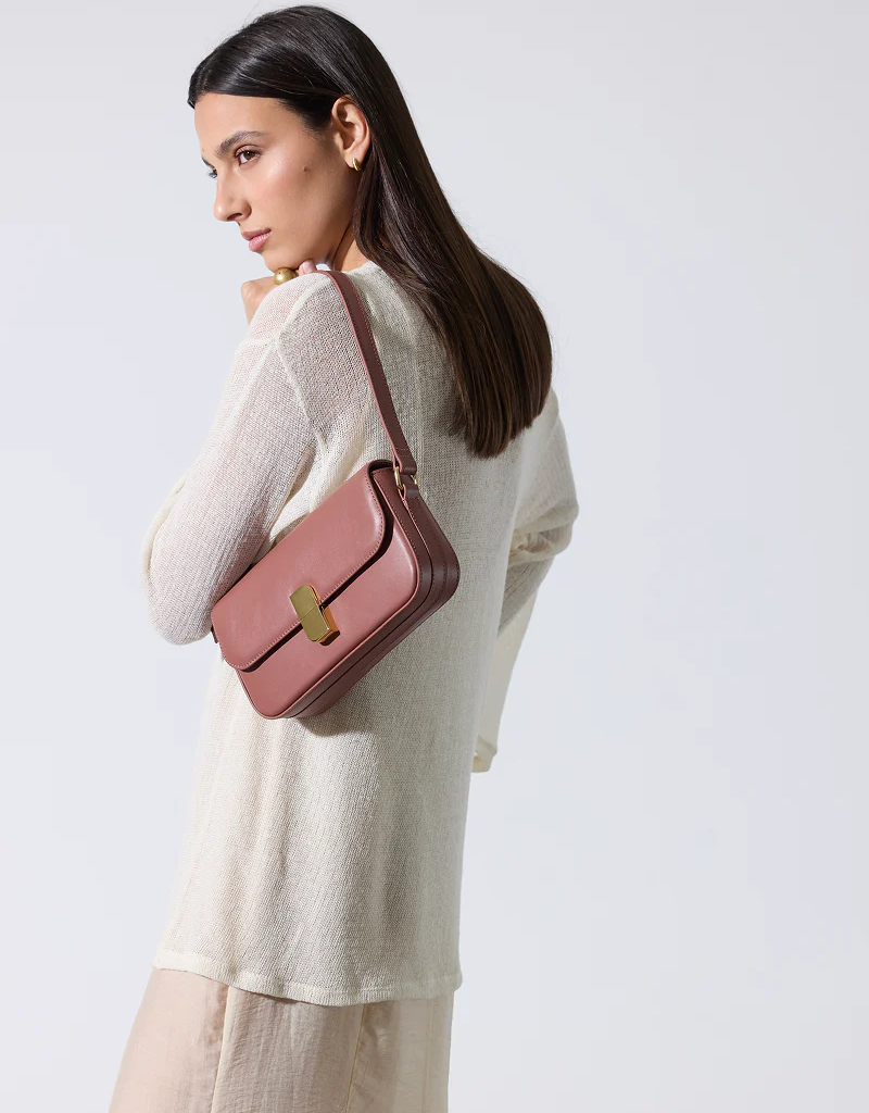 Nat And Nin Alice Medium Structured Turn Lock Bag in Rosewood Leather