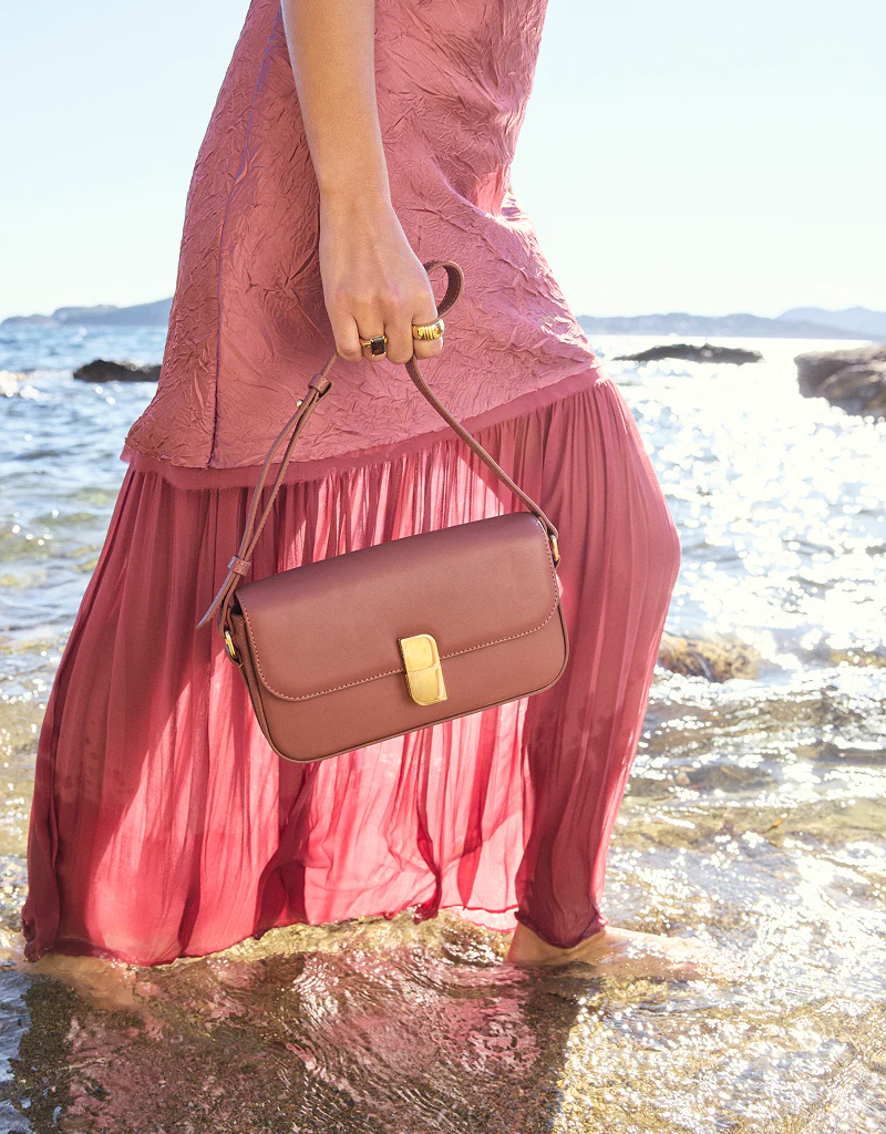 Nat And Nin Alice Medium Structured Turn Lock Bag in Rosewood Leather