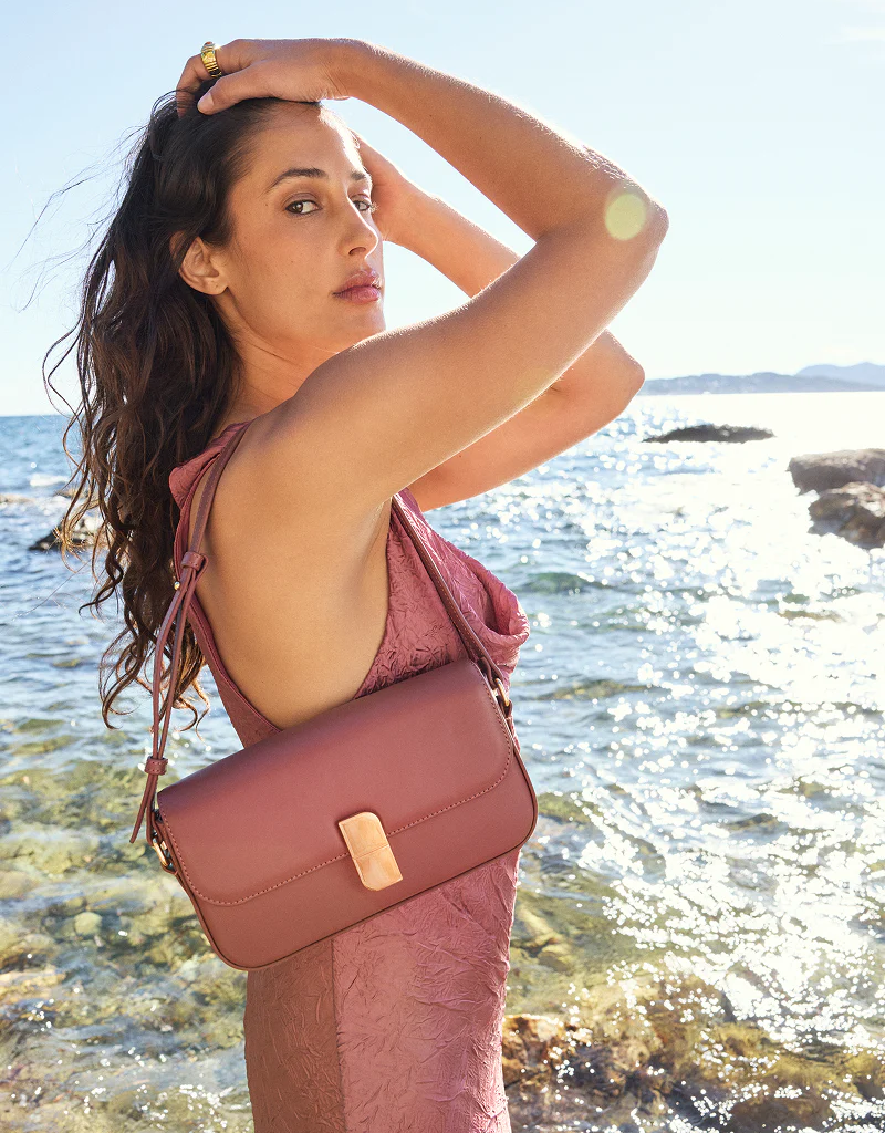 Nat And Nin Alice Medium Structured Turn Lock Bag in Rosewood Leather