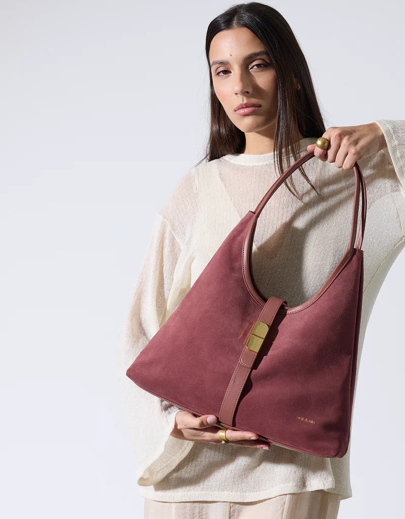 Nat And Nin Romeo Suede Shoulder Bag in Rosewood Leather