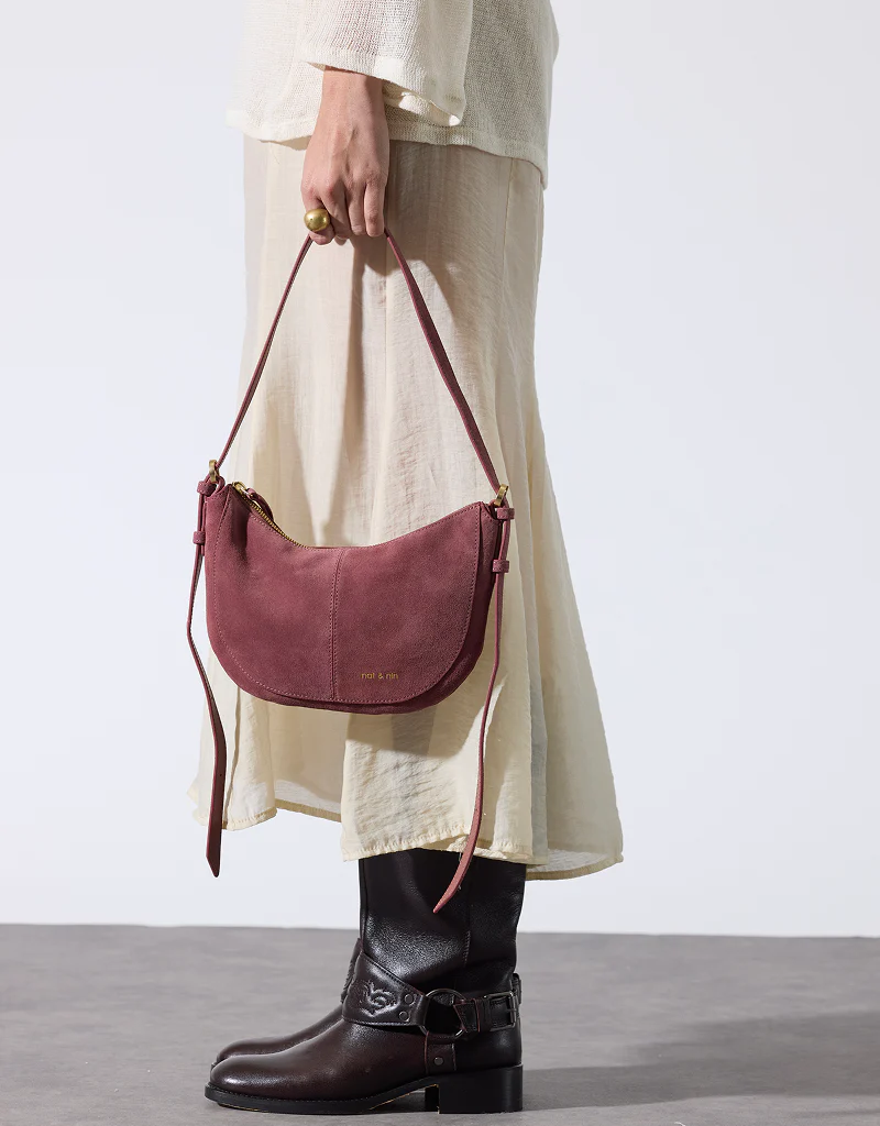 Nat And Nin Mini Rodeo Suede Moon Satchel  in Rosewood Leather