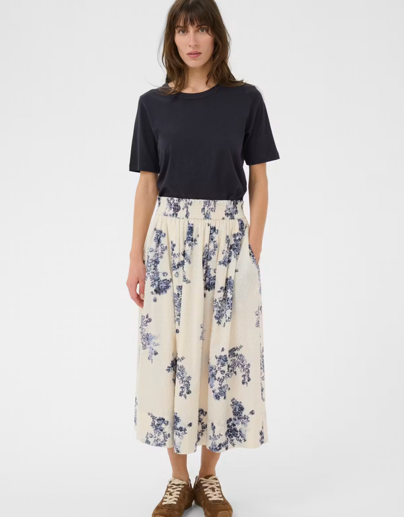 Part Two Amia 100% Cotton Skirt with Swiss Dot Detail in Blue Shadow Floral Print