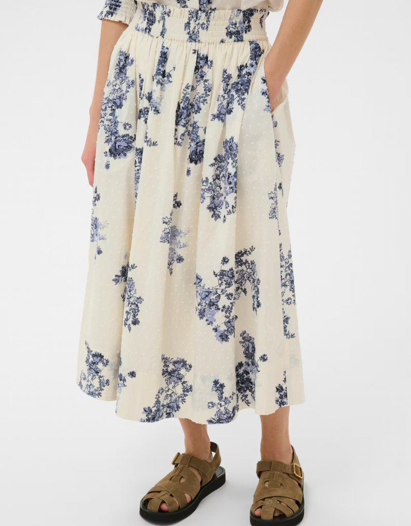 Part Two Amia 100% Cotton Skirt with Swiss Dot Detail in Blue Shadow Floral Print
