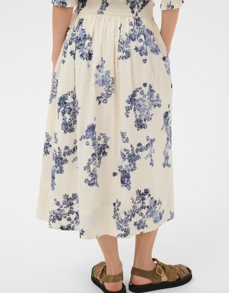Part Two Amia 100% Cotton Skirt with Swiss Dot Detail in Blue Shadow Floral Print