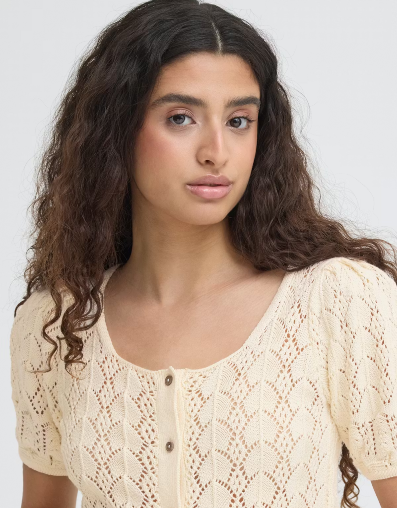 ICHI Daffie 100% Cotton Open Knit Cardigan in Birch