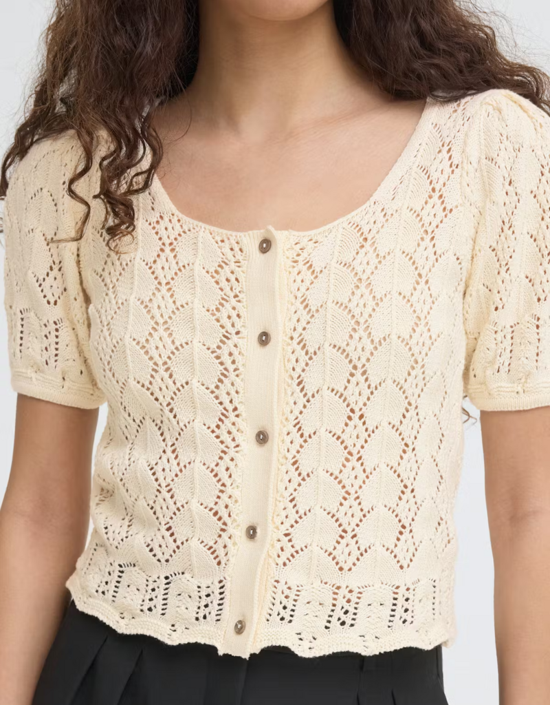 ICHI Daffie 100% Cotton Open Knit Cardigan in Birch