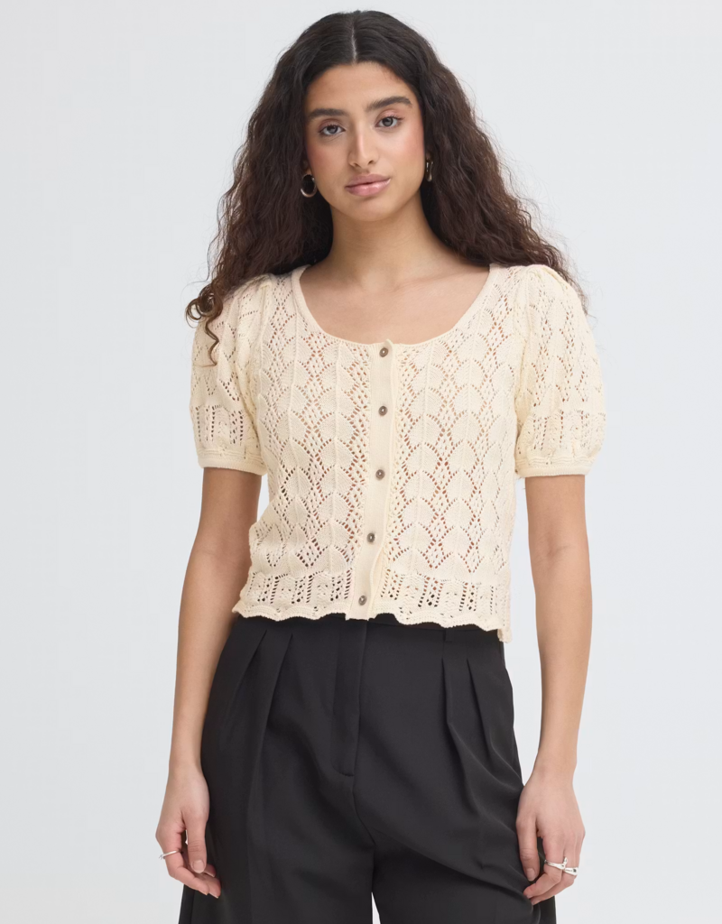 ICHI Daffie 100% Cotton Open Knit Cardigan in Birch