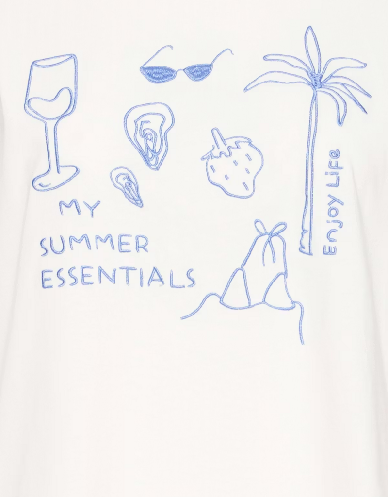 ICHI Novola 100% Cotton Embroidered T-Shirt in Cloud Dancer / Nautical Motif