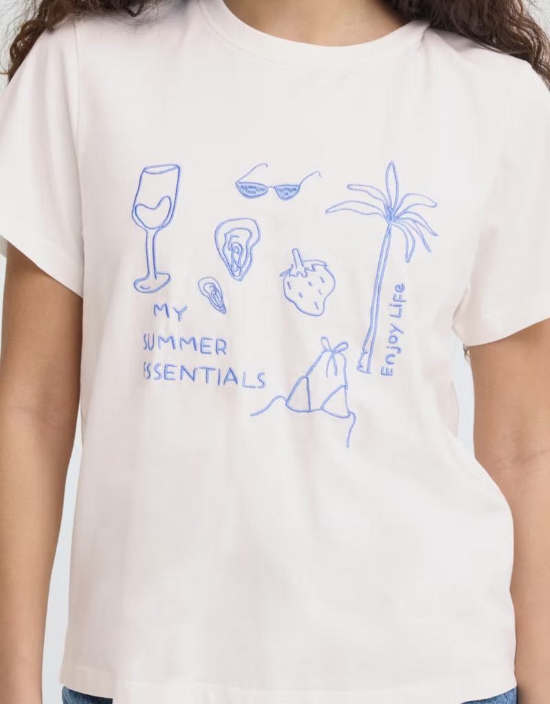 ICHI Novola 100% Cotton Embroidered T-Shirt in Cloud Dancer / Nautical Motif