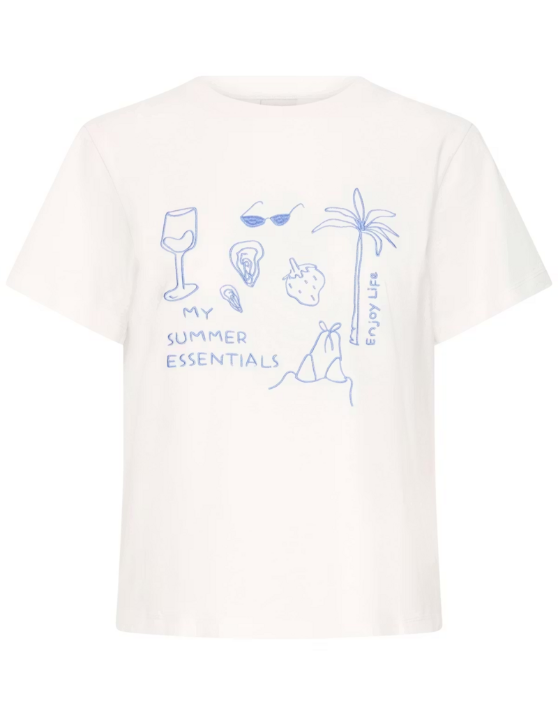 ICHI Novola 100% Cotton Embroidered T-Shirt in Cloud Dancer / Nautical Motif