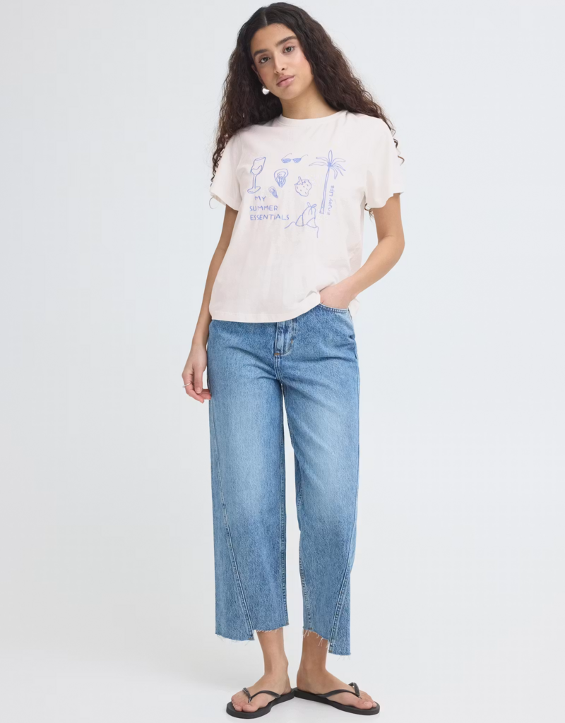 ICHI Novola 100% Cotton Embroidered T-Shirt in Cloud Dancer / Nautical Motif