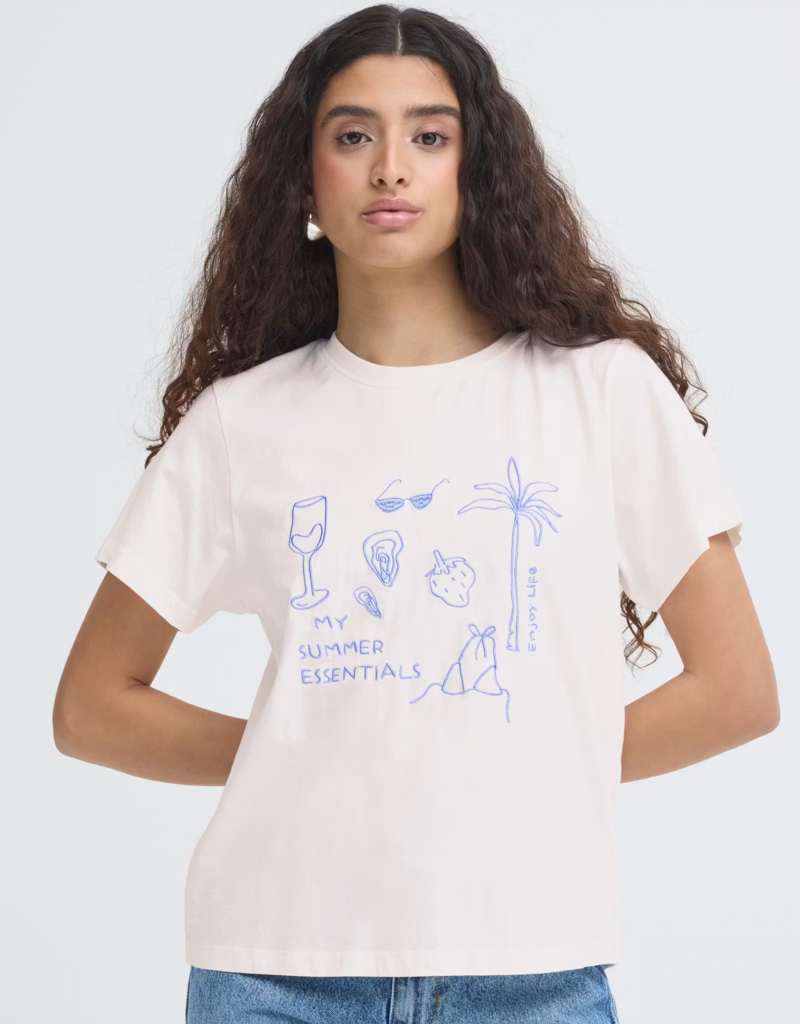 ICHI Novola 100% Cotton Embroidered T-Shirt in Cloud Dancer / Nautical Motif