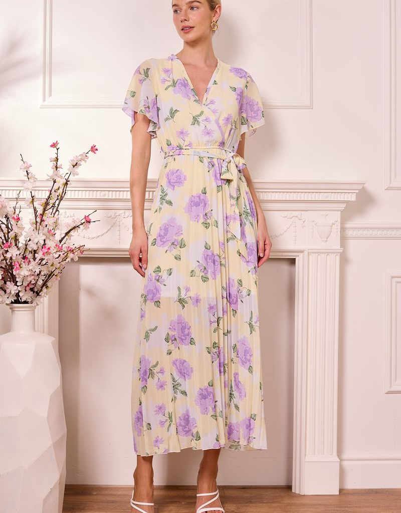 Angel Eye Beirut Floral Pleated Dress in Bright Yellow