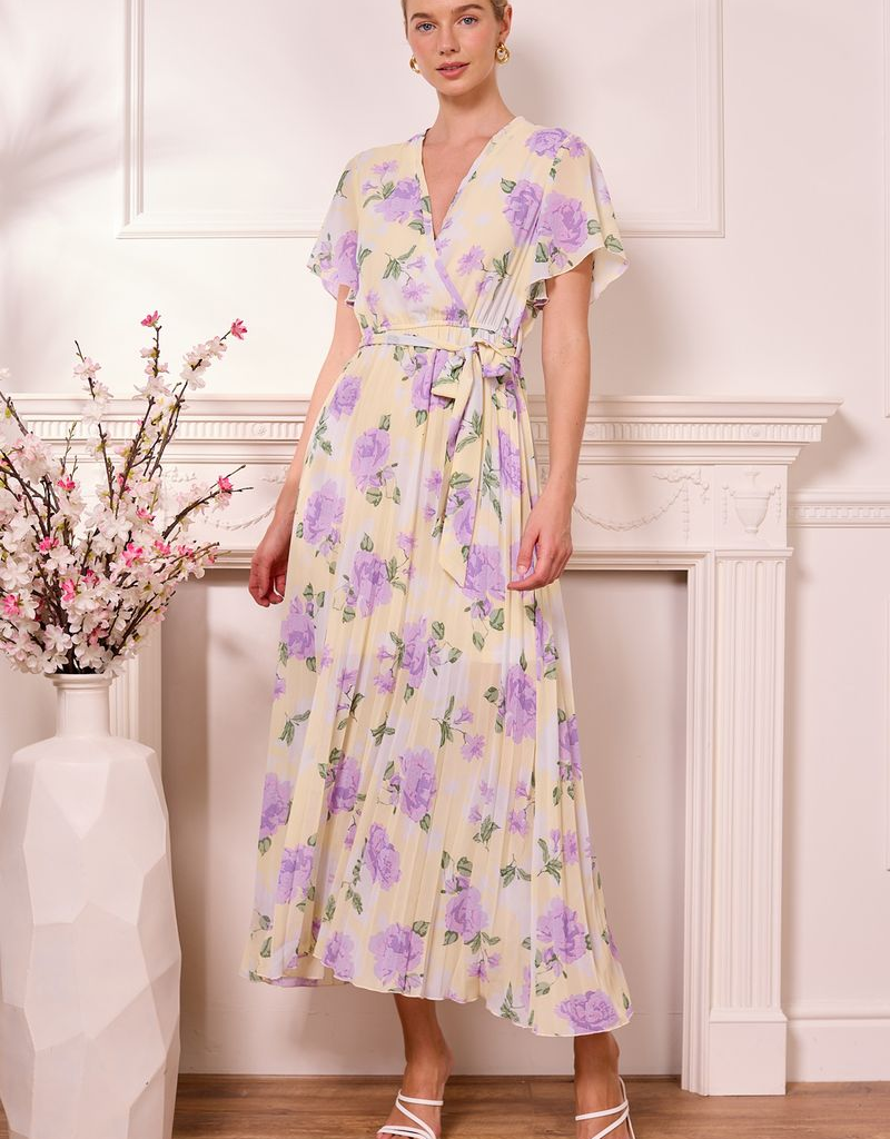 Angel Eye Beirut Floral Pleated Dress in Bright Yellow