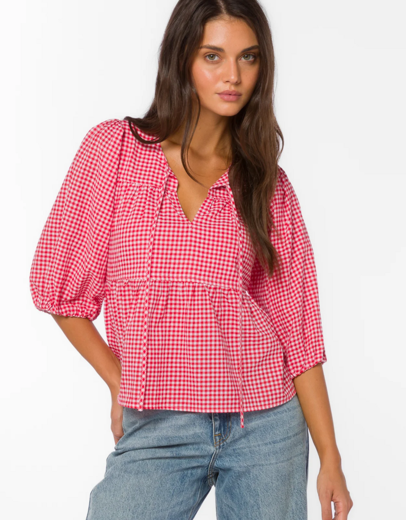 Velvet Heart Ferlita 100% Cotton Puff Sleeve Peplum Top in Cherry Gingham