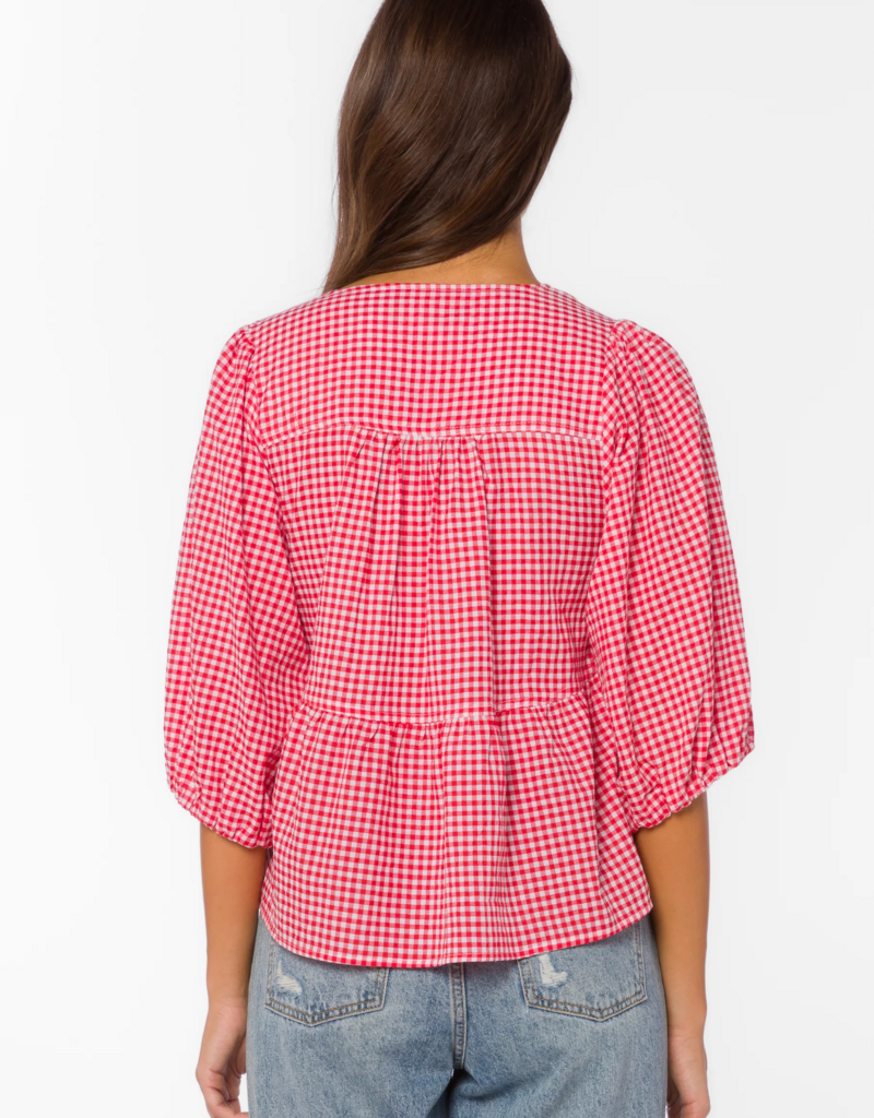 Velvet Heart Ferlita 100% Cotton Puff Sleeve Peplum Top in Cherry Gingham
