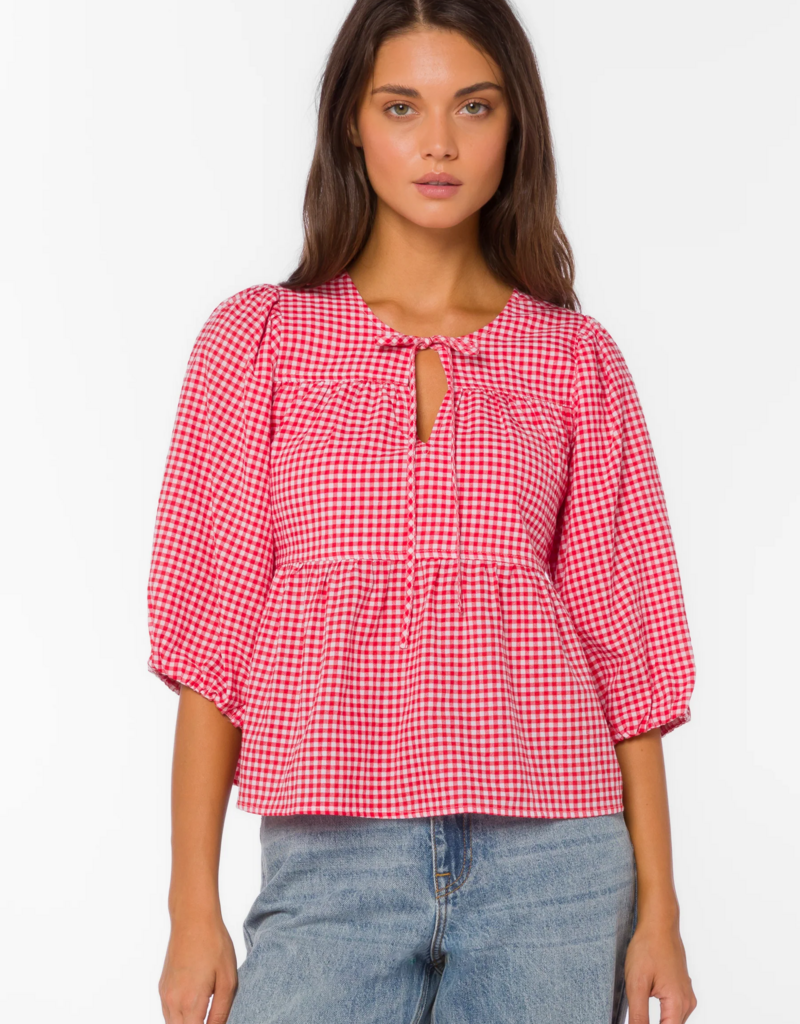 Velvet Heart Ferlita 100% Cotton Puff Sleeve Peplum Top in Cherry Gingham