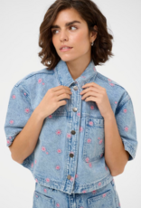 Kaffe Babena Short Sleeve Embroidered Denim Shirt in Pink Flowers