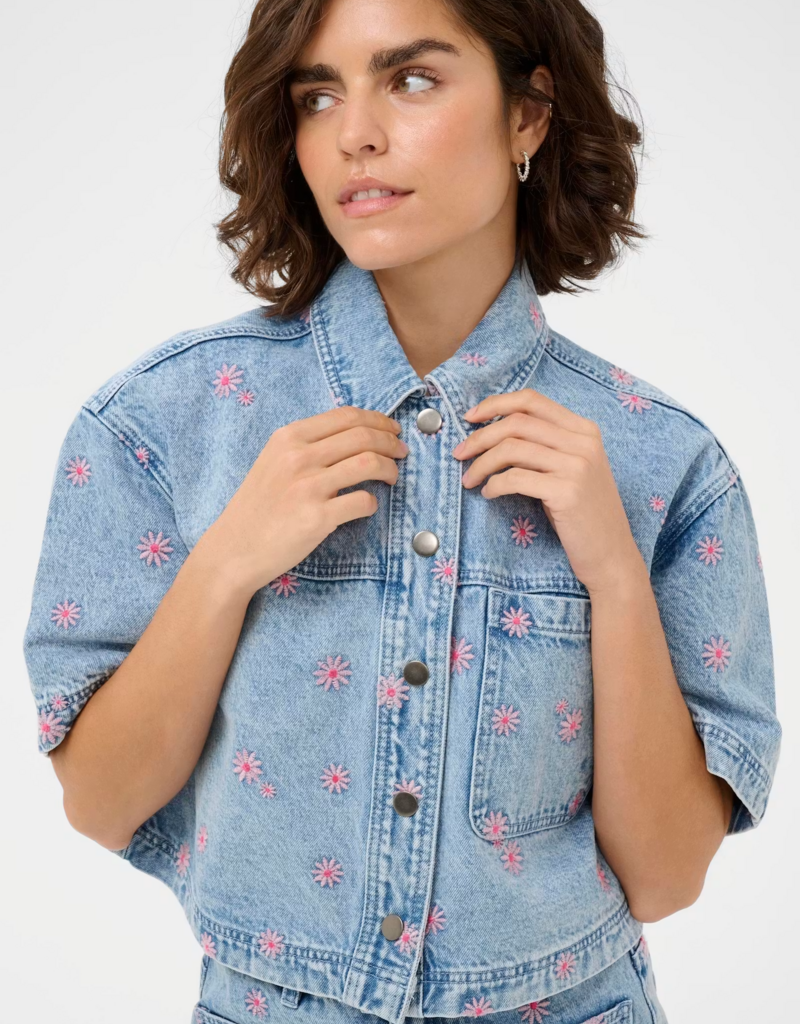 Kaffe Babena Short Sleeve Embroidered Denim Shirt in Pink Flowers