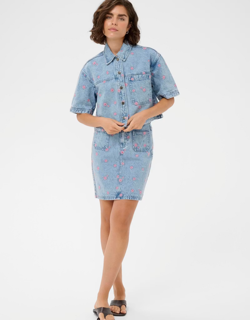 Kaffe Babena Short Sleeve Embroidered Denim Shirt in Pink Flowers