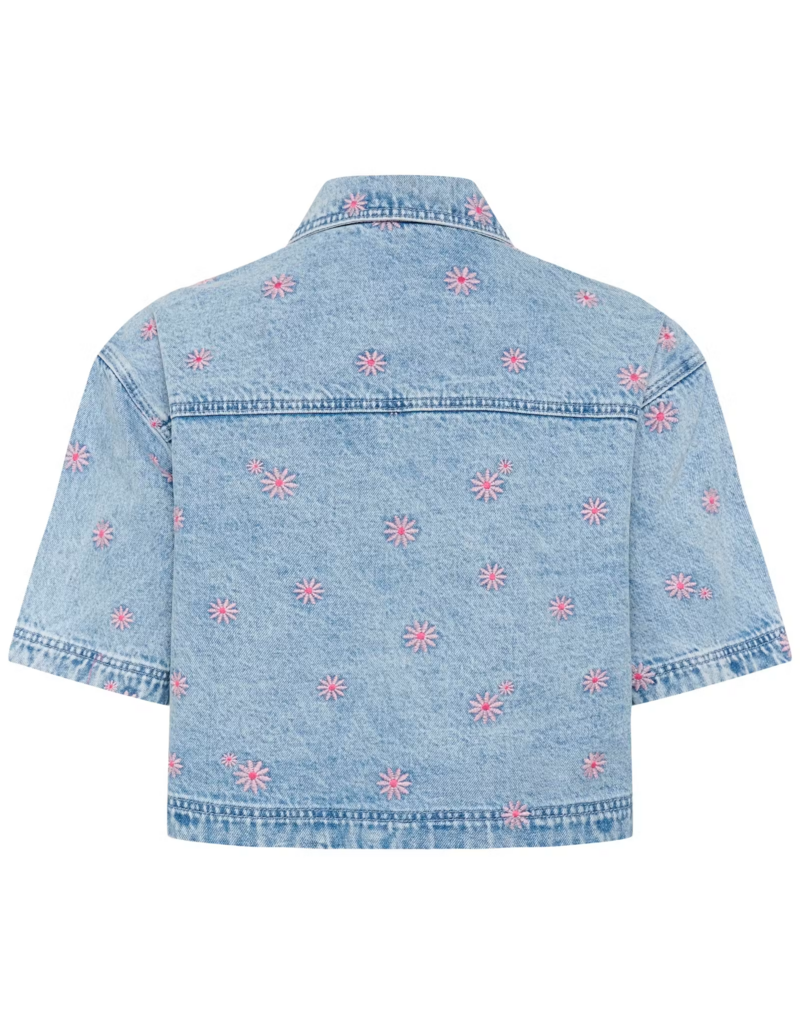 Kaffe Babena Short Sleeve Embroidered Denim Shirt in Pink Flowers
