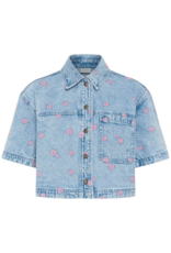Kaffe Babena Short Sleeve Embroidered Denim Shirt in Pink Flowers
